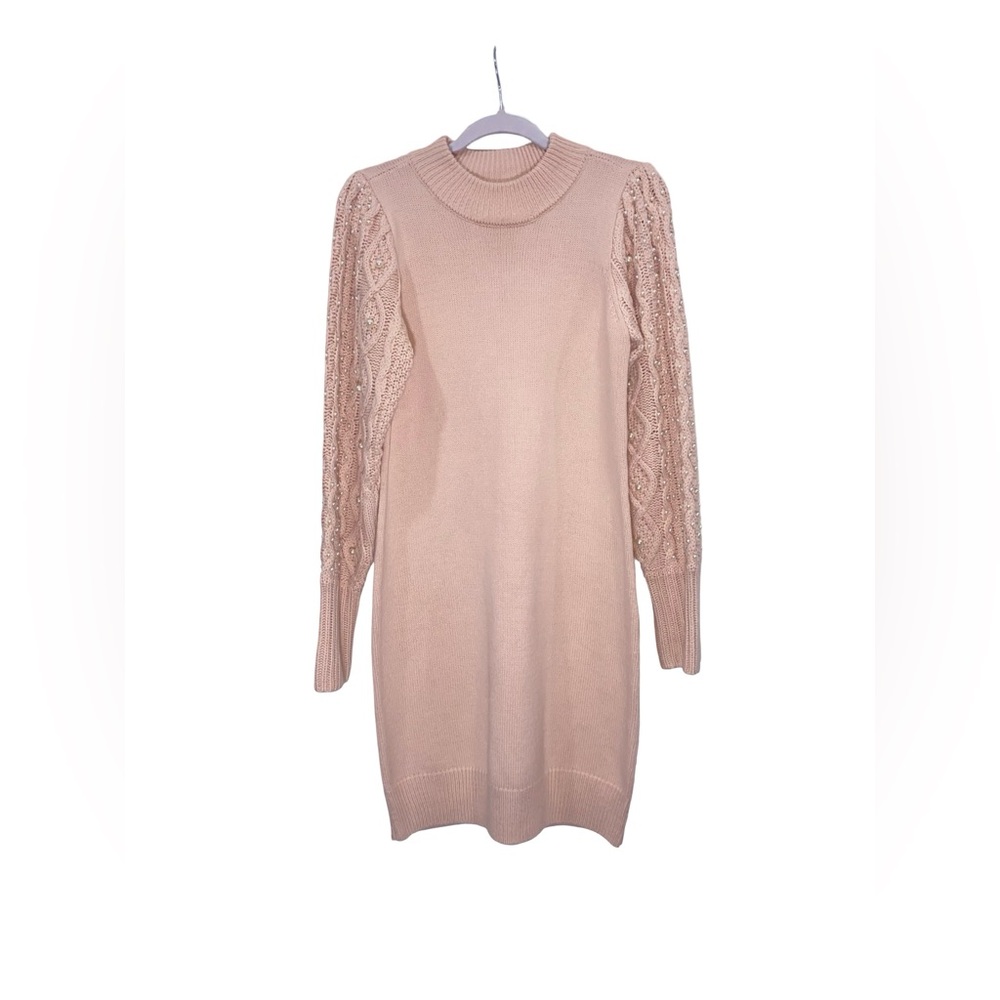 Eliza J Blush pink pearl embellished long sleeves‎ knit sweater dress size M
